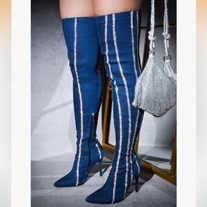 •CAPE ROBBIN• “Hidenim” Rhinestone Thigh High Stiletto Boots - Denim // NIB
